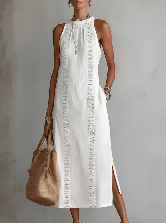 Nalia | Vestido midi de lino con cuello mao