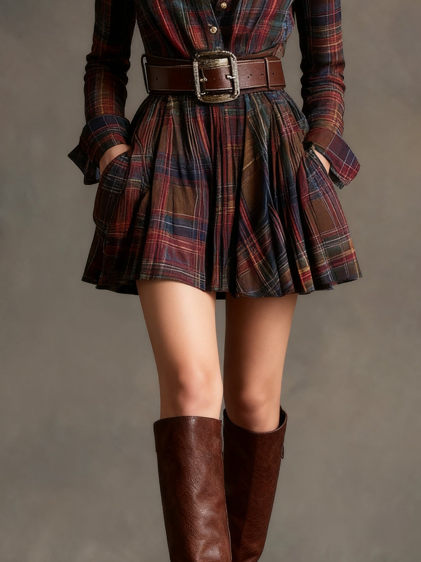 Vestido Mini Vintage de Cuadros Rojo y Marrón (incluye cinturón)