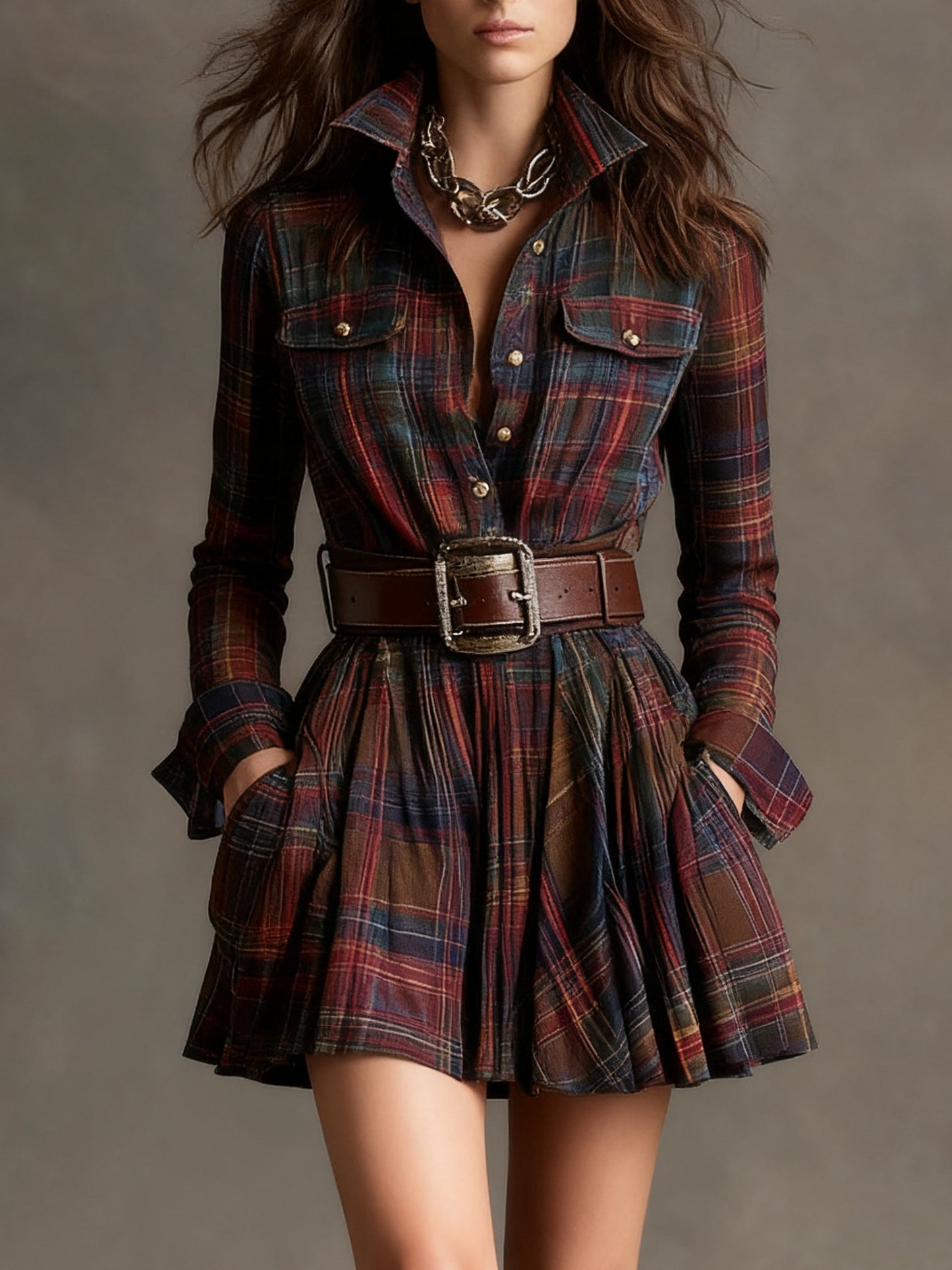 Vestido Mini Vintage de Cuadros Rojo y Marrón (incluye cinturón)
