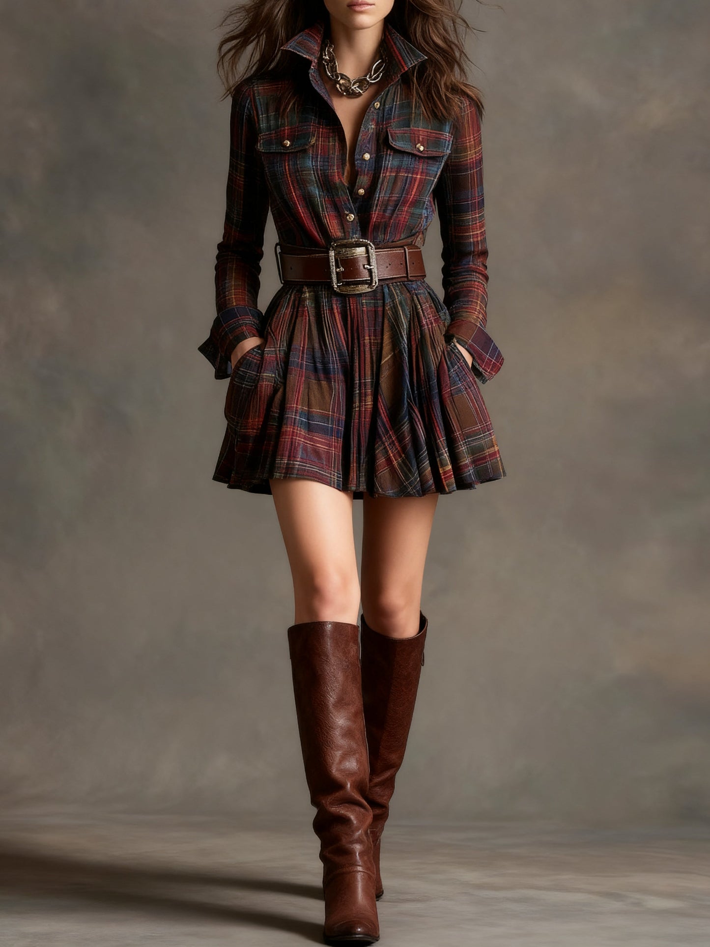 Vestido Mini Vintage de Cuadros Rojo y Marrón (incluye cinturón)