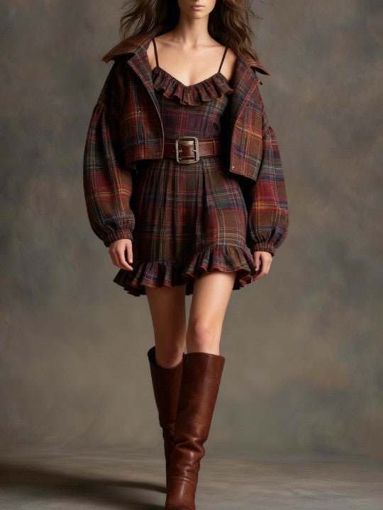 Mini Vestido Vintage de Cuadros con Rayas y Chaqueta Amplia (Incluye cinturón)