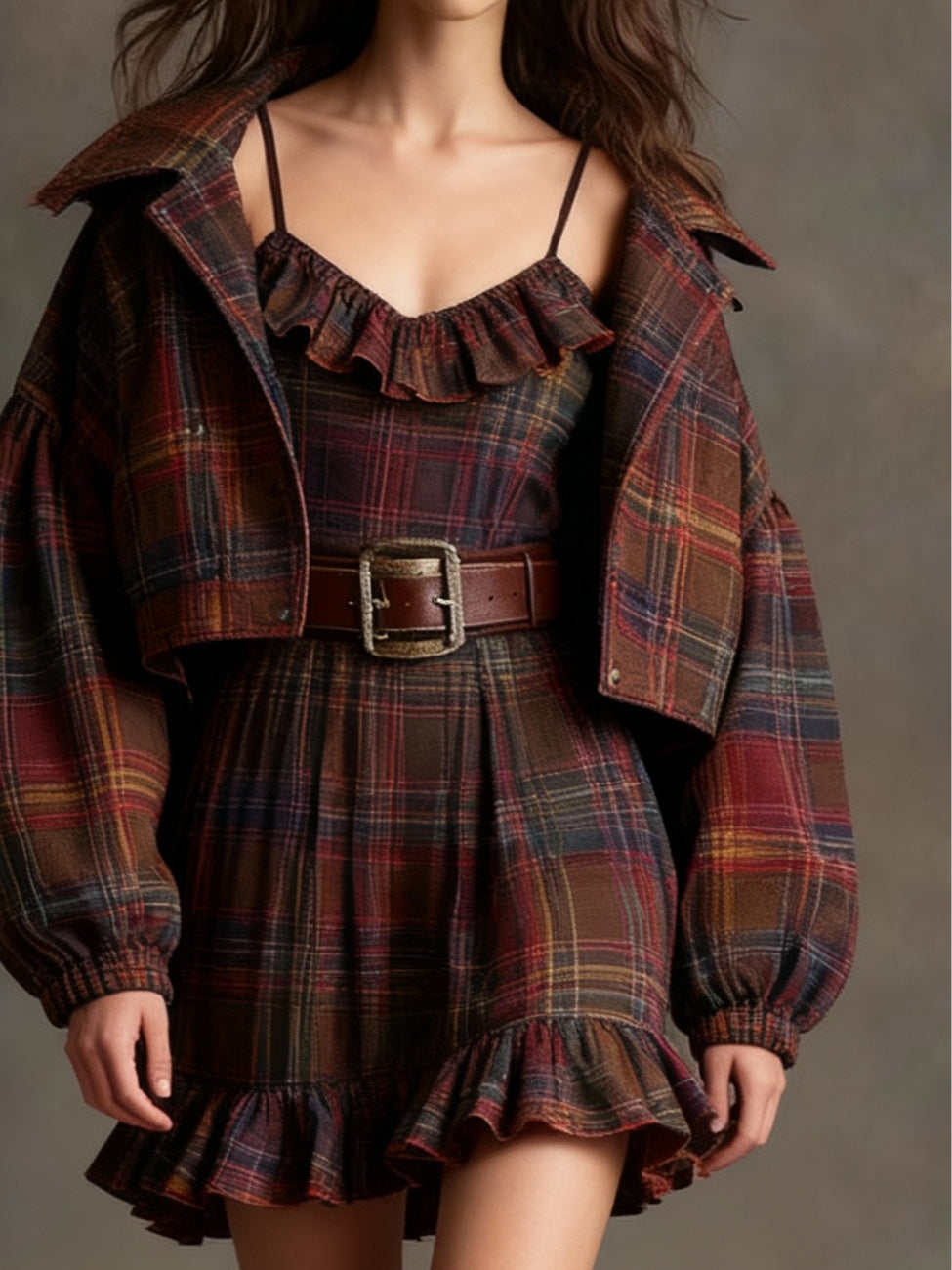 Mini Vestido Vintage de Cuadros con Rayas y Chaqueta Amplia (Incluye cinturón)