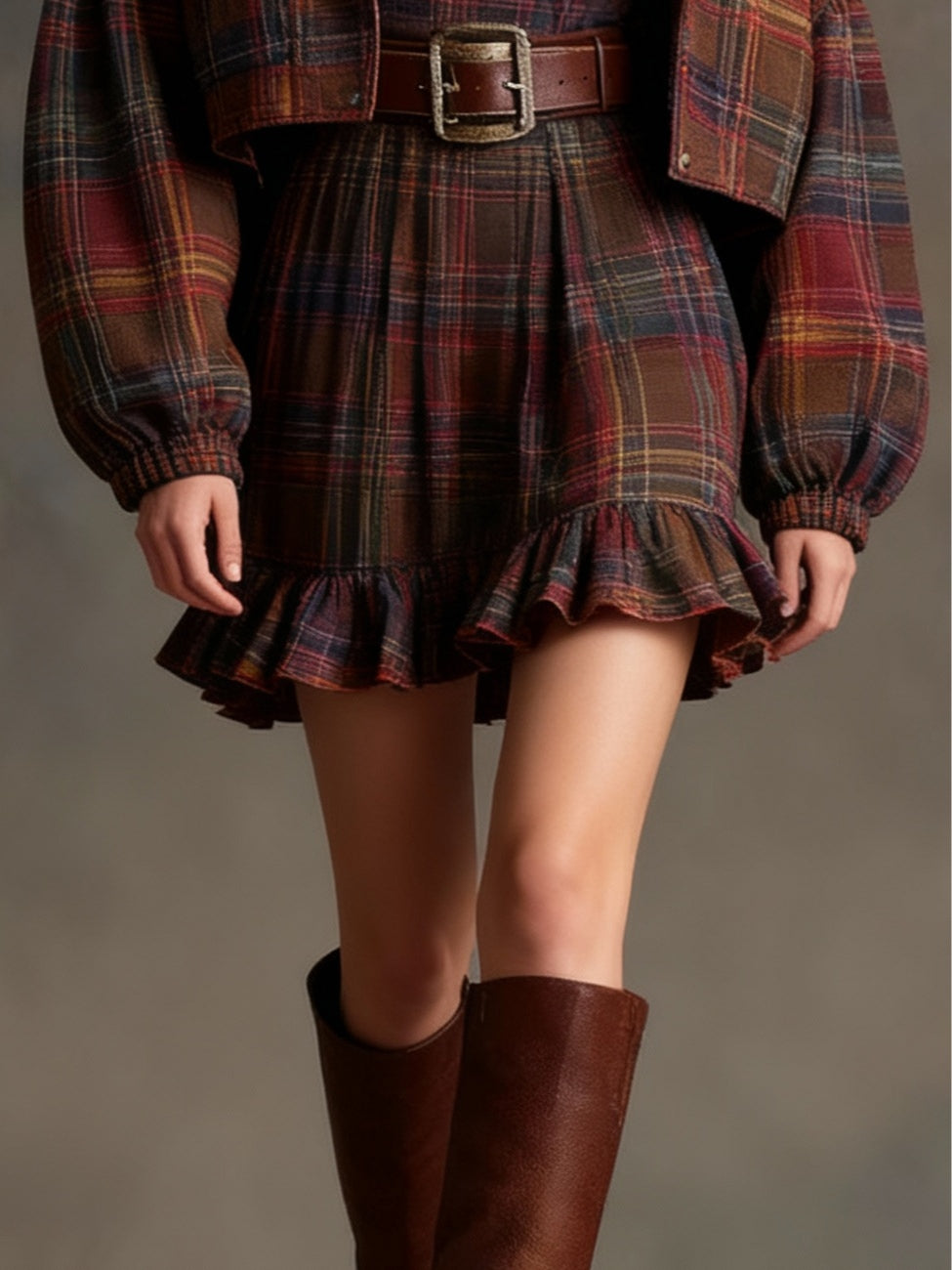Mini Vestido Vintage de Cuadros con Rayas y Chaqueta Amplia (Incluye cinturón)