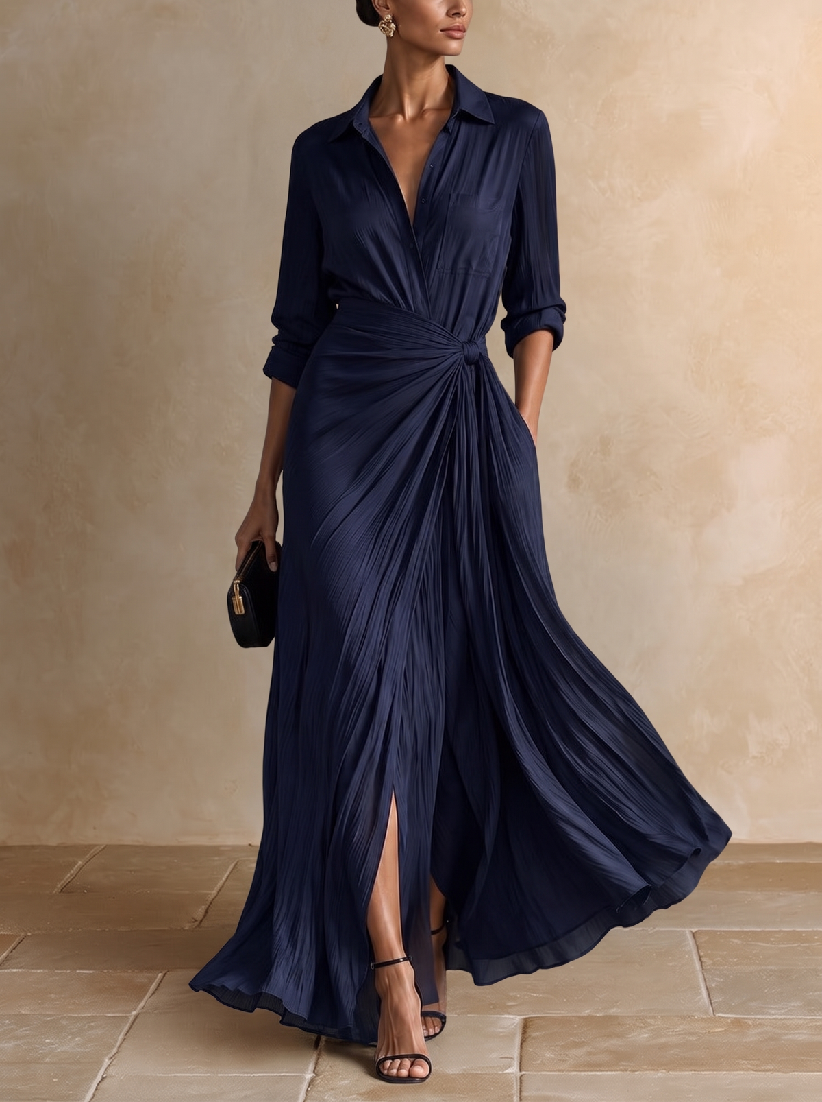 Allegra | Vestido camisero largo con nudo en la cintura, azul marino · fotografía 1