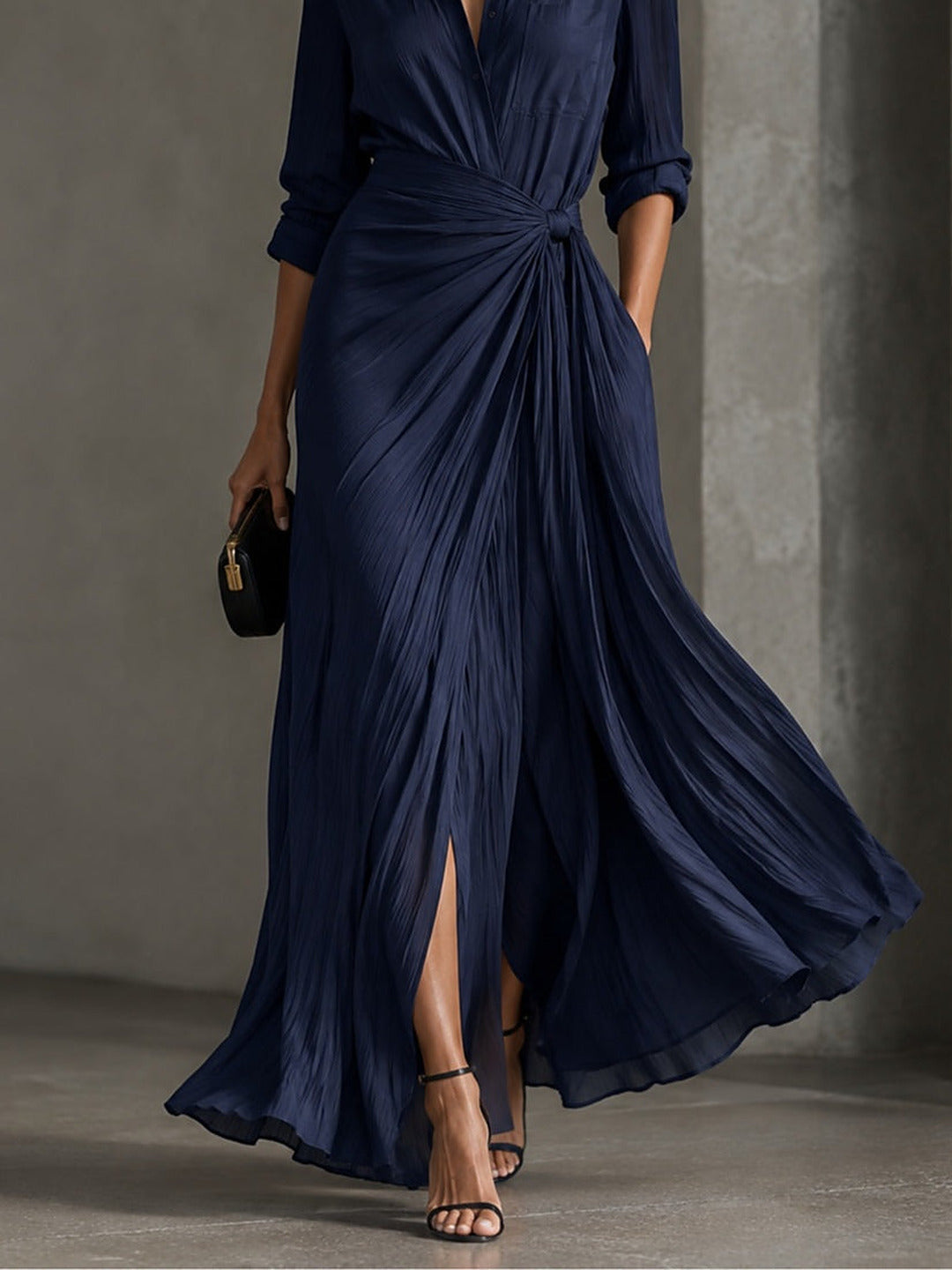Allegra | Vestido camisero largo con nudo en la cintura, azul marino · fotografía 4