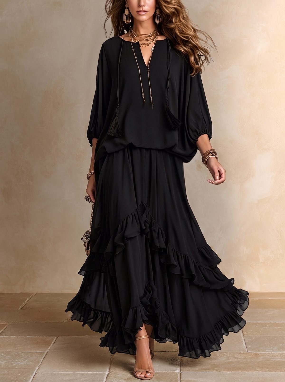 Annalisa | Conjunto de top de gasa y falda con volantes, negro · fotografía 1
