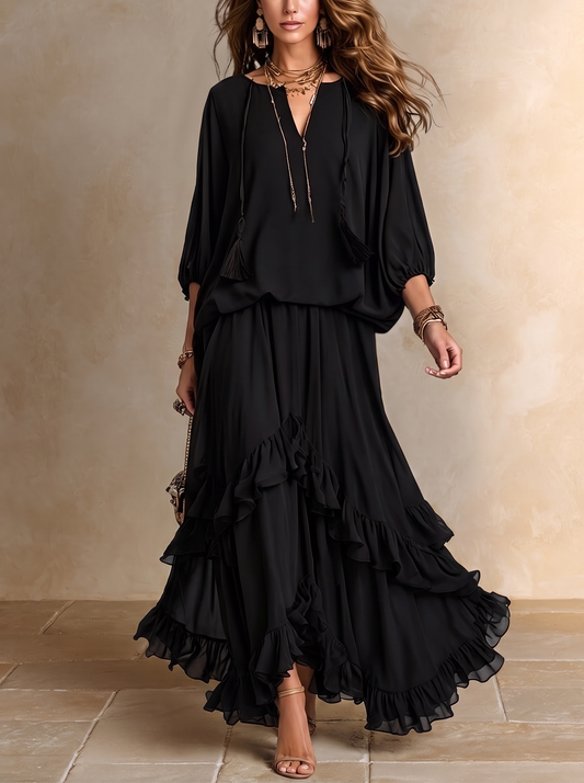 Annalisa | Conjunto de top de gasa y falda con volantes, negro · fotografía 1
