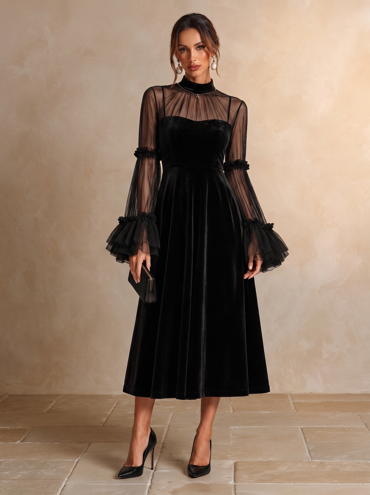 Berenice | Vestido midi de terciopelo con mangas de tul, negro · fotografía 1