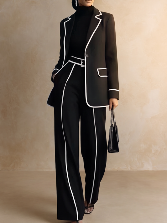 Clementina | Conjunto de blazer y pantalón con ribetes a contraste, negro · fotografía 1