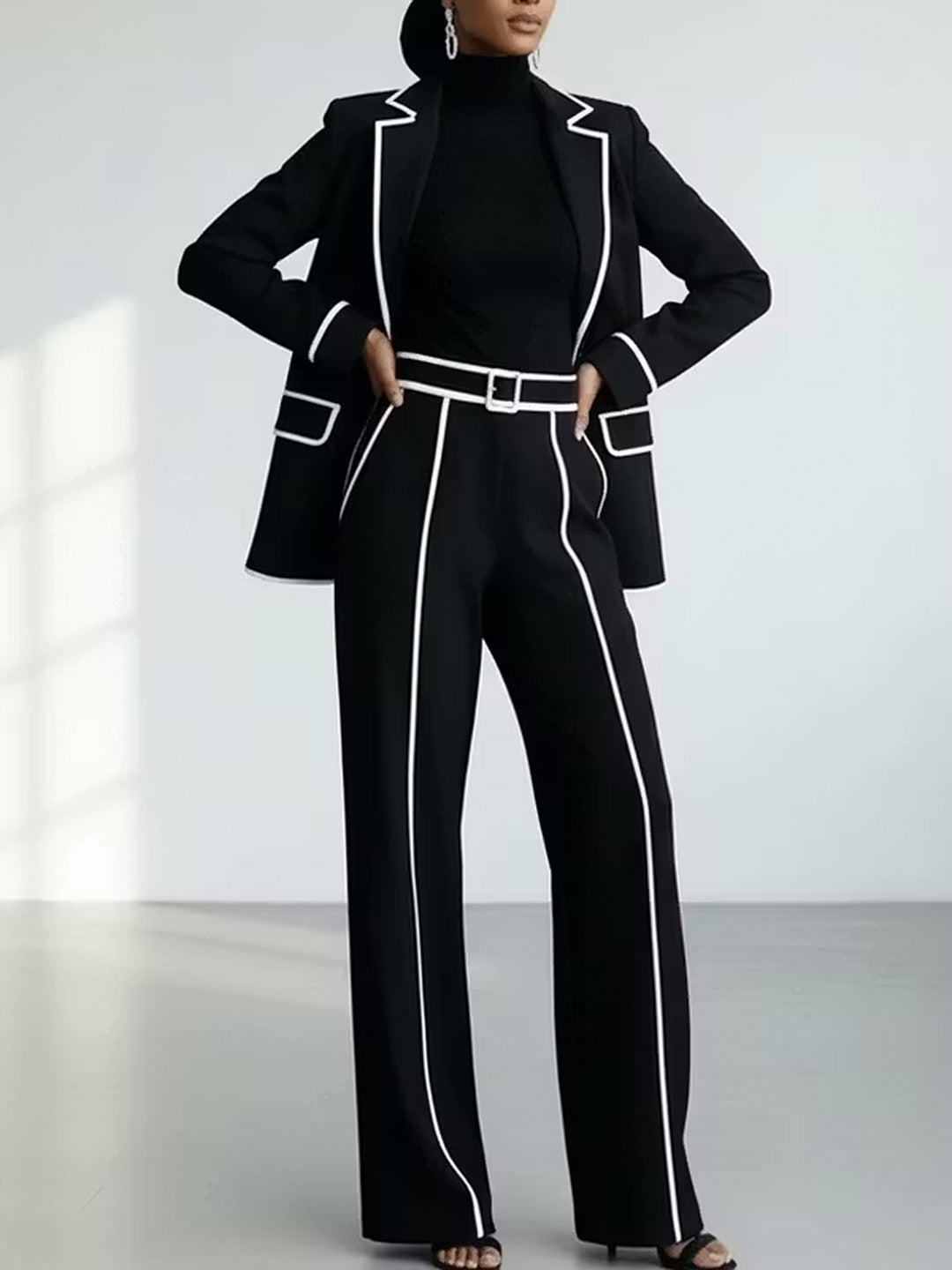 Clementina | Conjunto de blazer y pantalón con ribetes a contraste, negro · fotografía 4