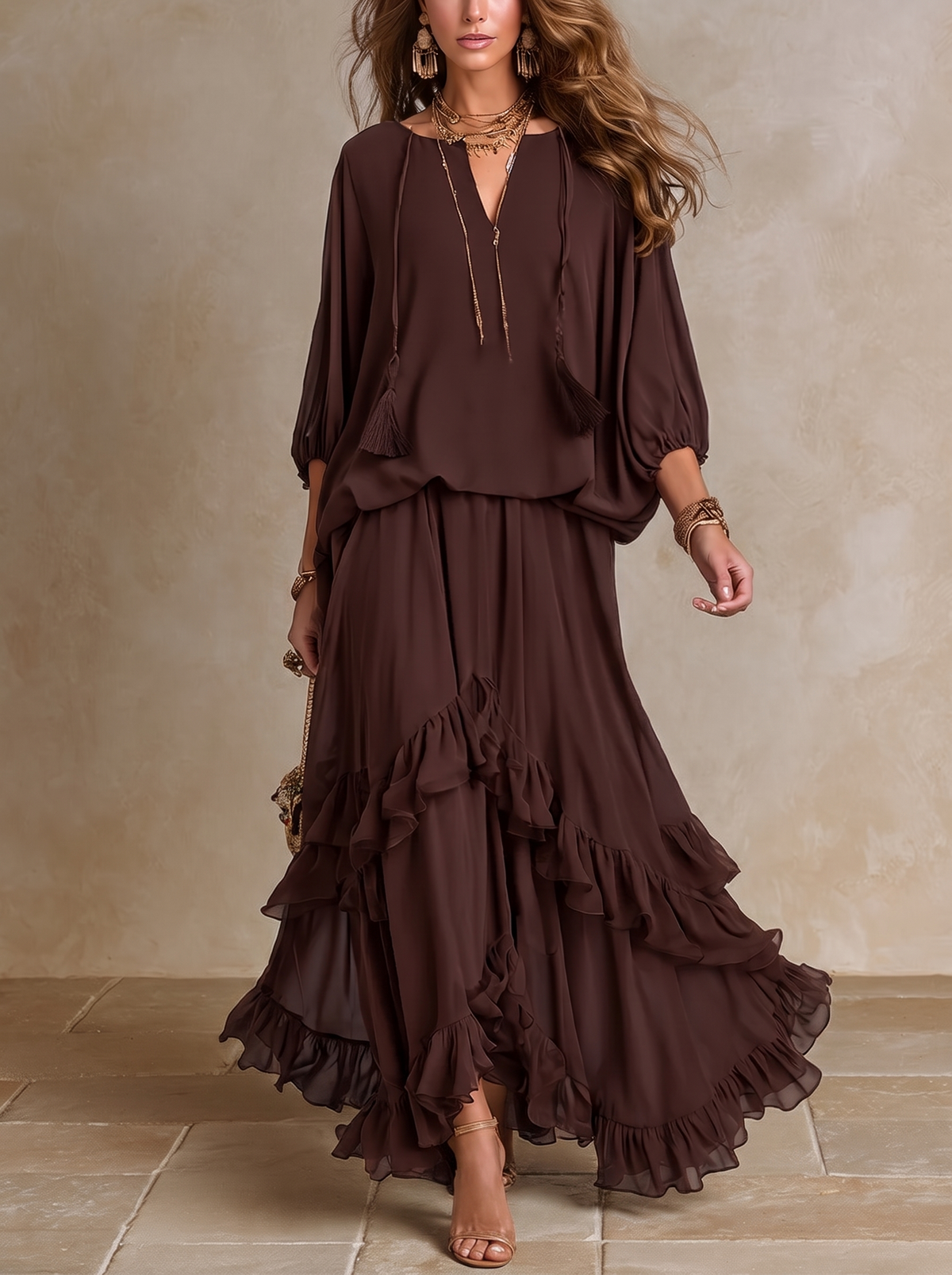 Dalila | Conjunto de top de gasa y falda con volantes, chocolate · fotografía 1
