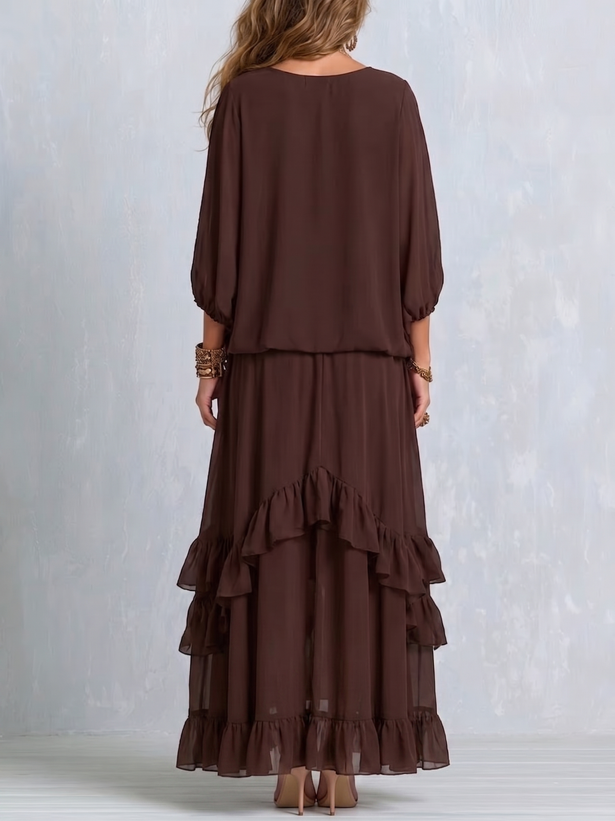 Dalila | Conjunto de top de gasa y falda con volantes, chocolate · fotografía 2
