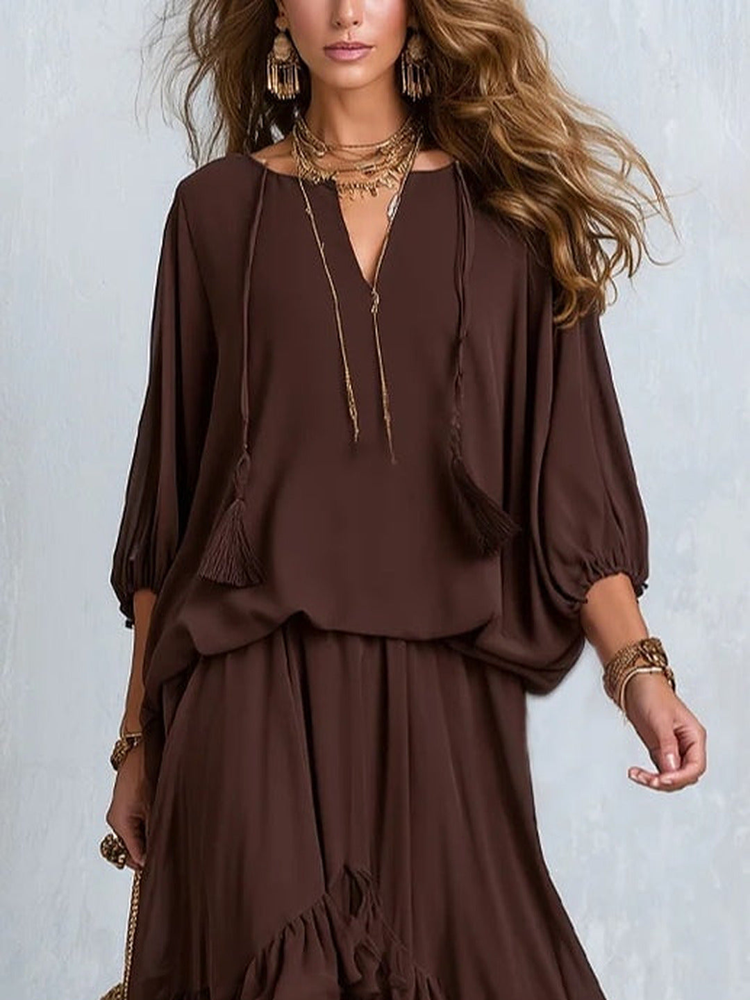 Dalila | Conjunto de top de gasa y falda con volantes, chocolate · fotografía 3