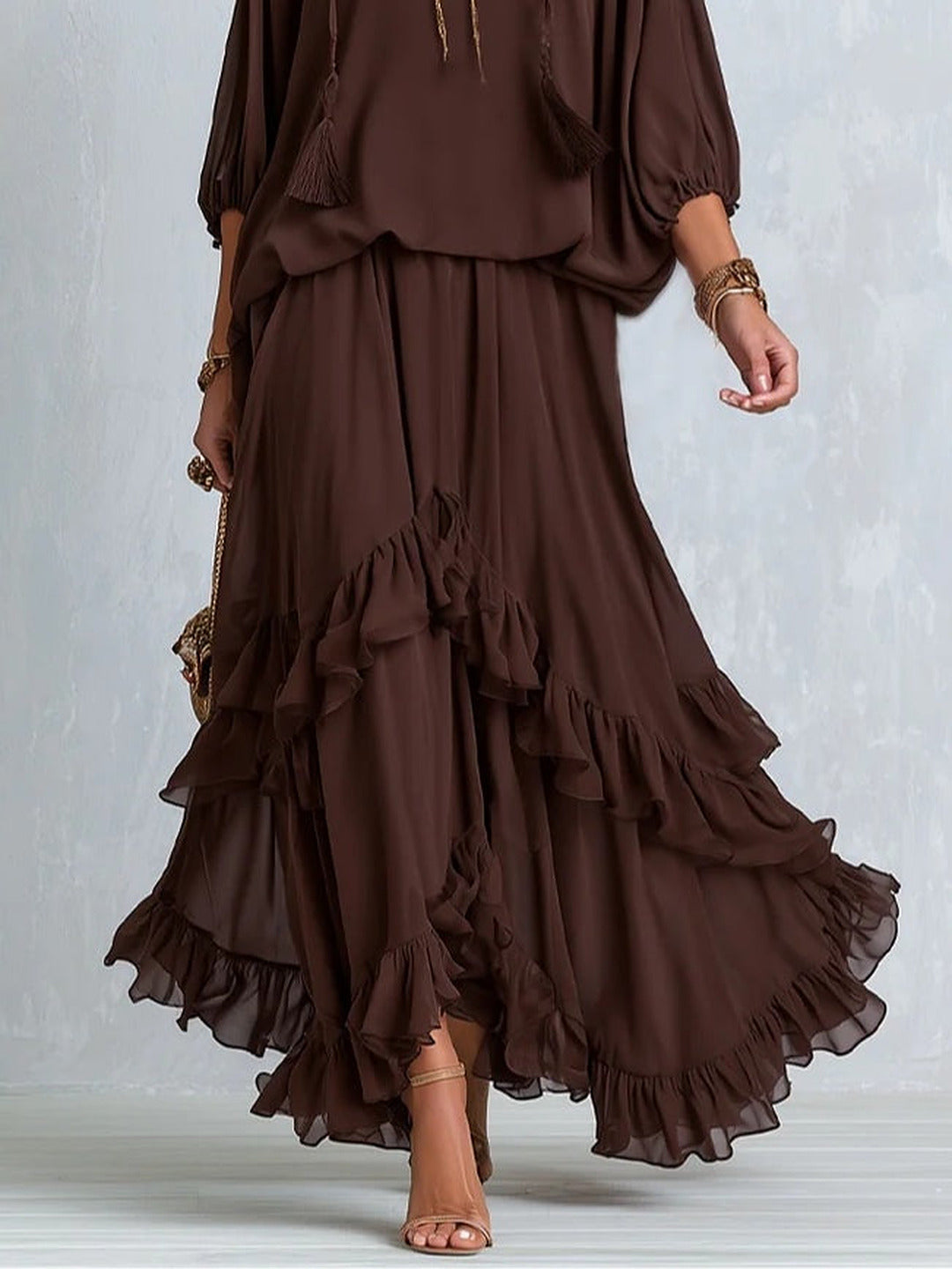Dalila | Conjunto de top de gasa y falda con volantes, chocolate · fotografía 4