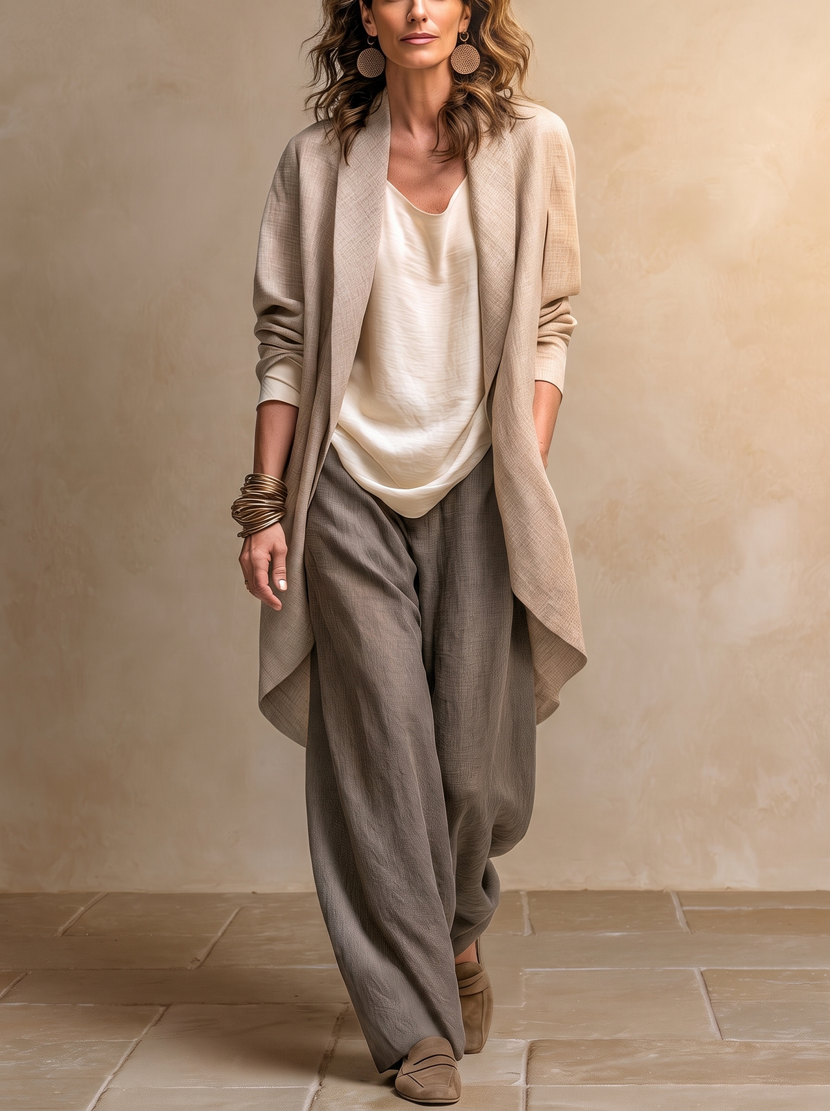 Flaminia | Conjunto de tres piezas con pantalón palazzo, beige y gris · fotografía 1