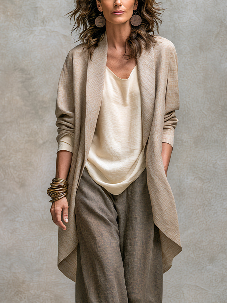 Flaminia | Conjunto de tres piezas con pantalón palazzo, beige y gris · fotografía 4