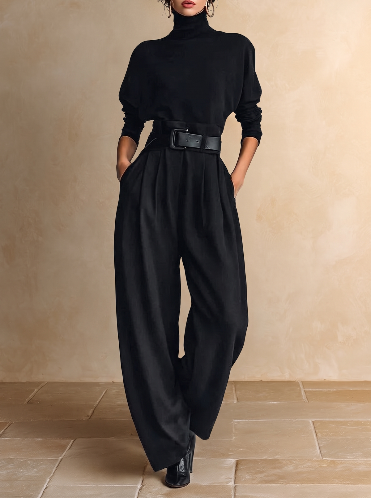 Jolanda | Conjunto de cuello alto y pantalón de pinzas, negro · fotografía 1