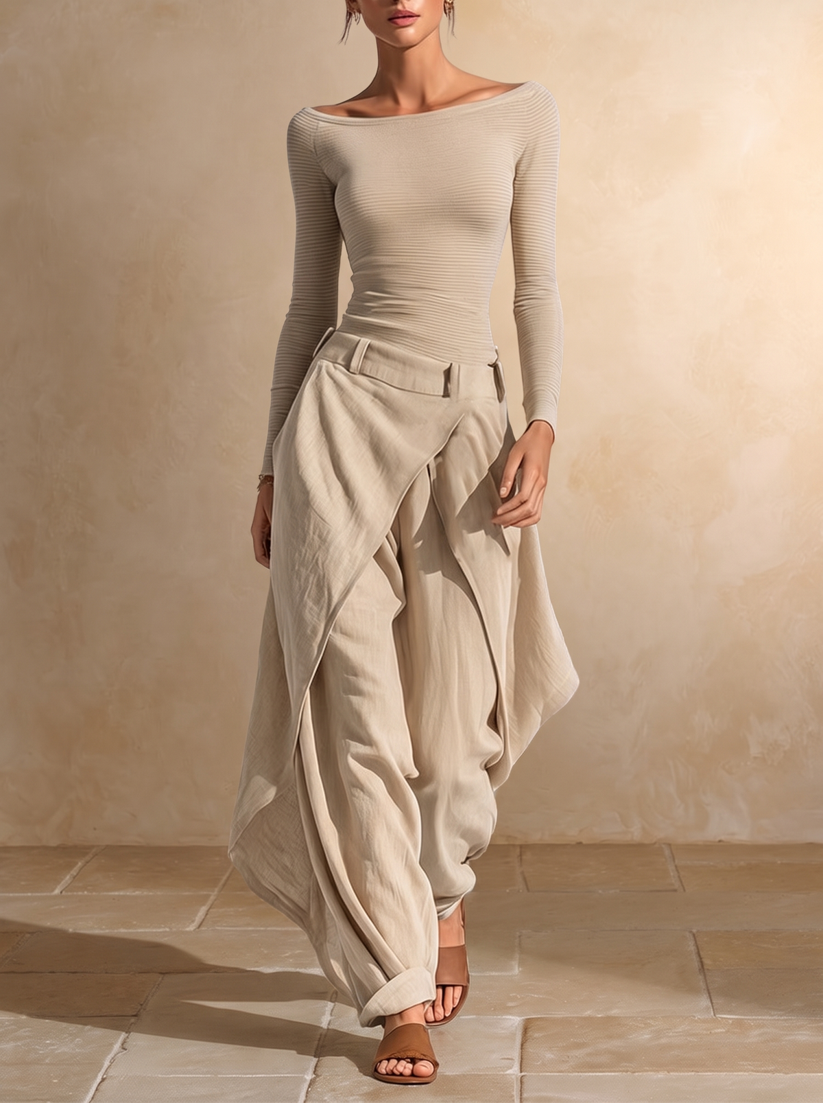 Orsola | Conjunto de top con escote barco y pantalón de capas, beige · fotografía 1