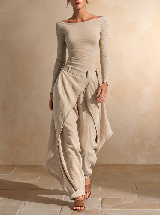 Orsola | Conjunto de top con escote barco y pantalón de capas, beige · fotografía 1
