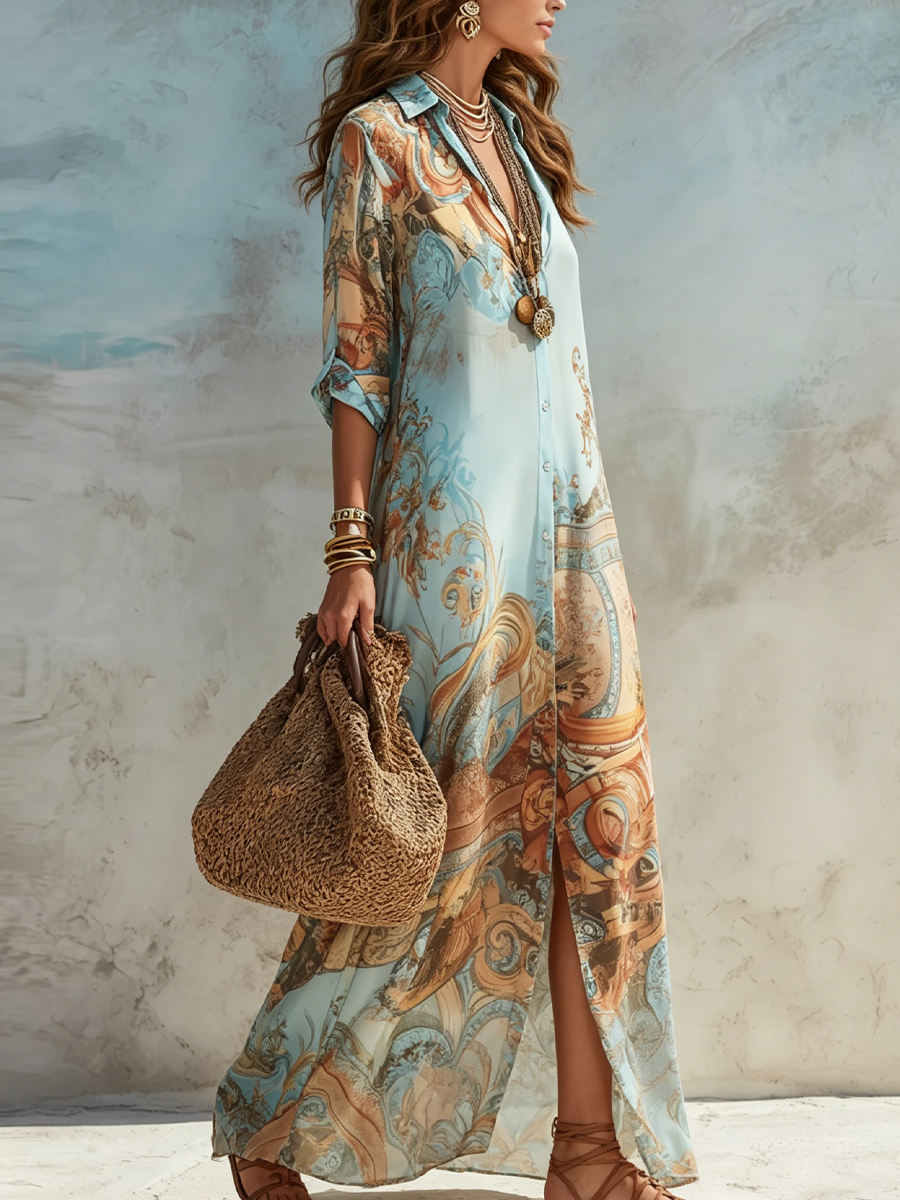 Velia | Vestido camisero largo con estampado barroco, azul cielo · fotografía 2