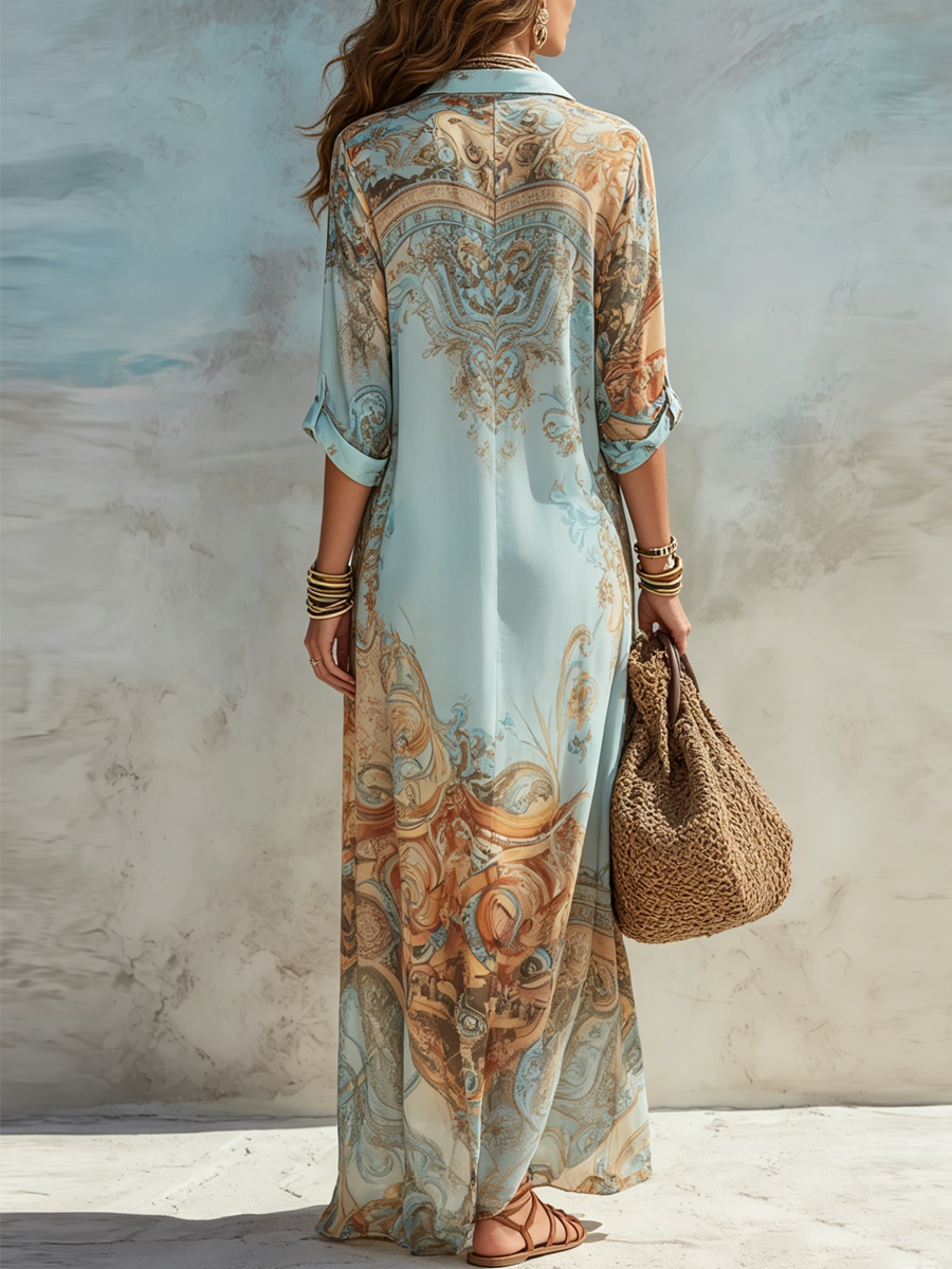Velia | Vestido camisero largo con estampado barroco, azul cielo · fotografía 3