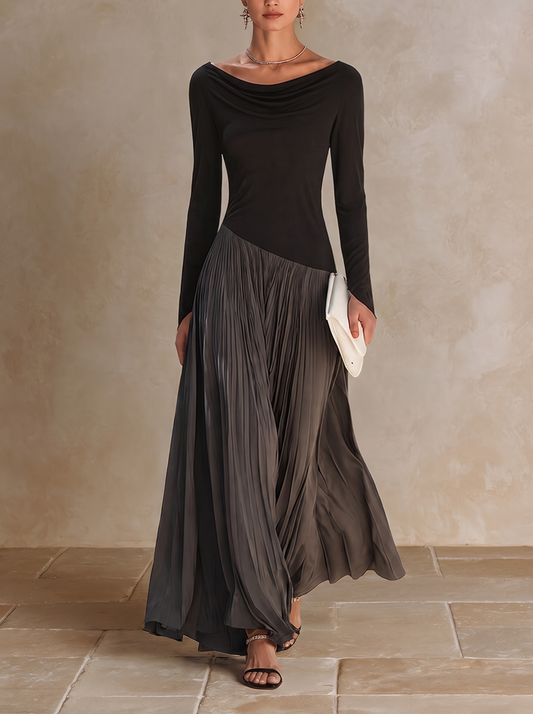 Virginia | Vestido largo plisado con cuello drapeado, negro y gris · fotografía 1