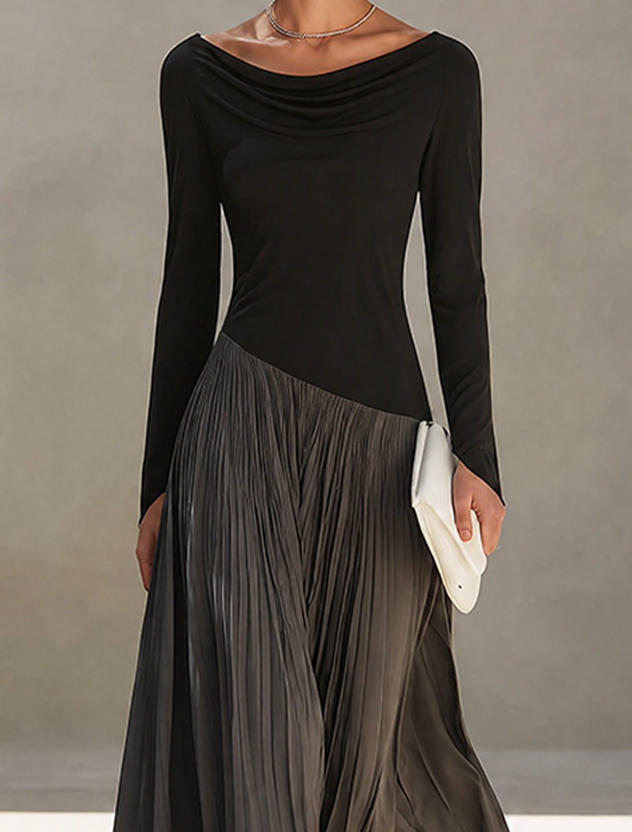 Virginia | Vestido largo plisado con cuello drapeado, negro y gris · fotografía 3