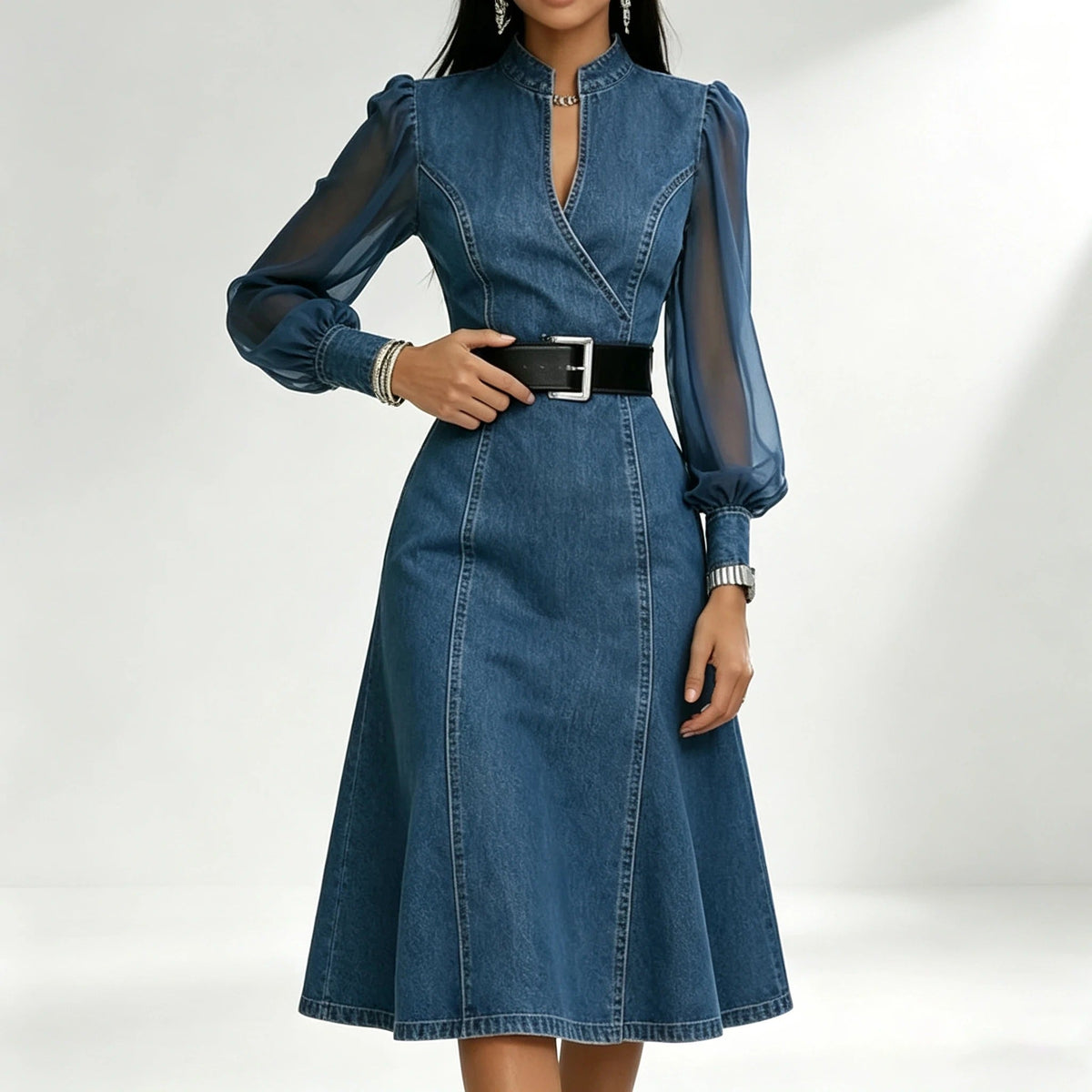 Marina vestido vaquero con mangas transparentes