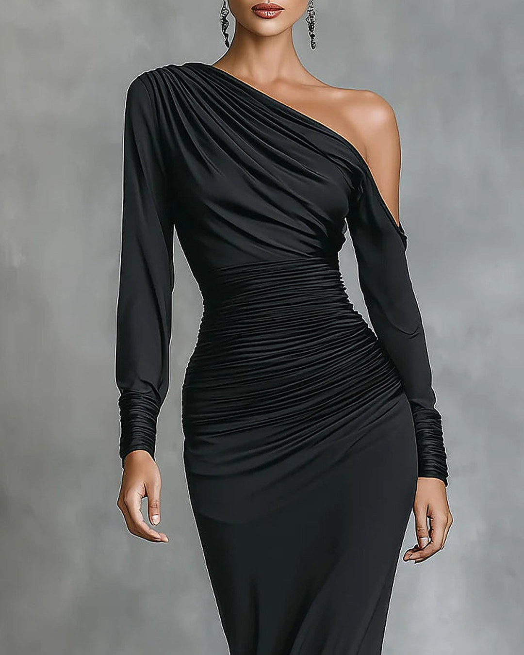 Celina | Vestido largo drapeado de un hombro, negro · foto 2