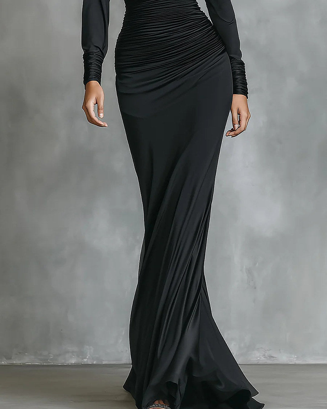Celina | Vestido largo drapeado de un hombro, negro · foto 3