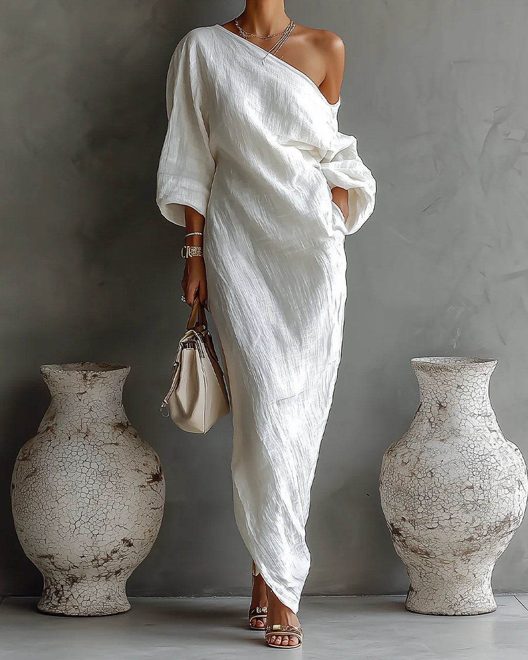 Elisa | Vestido largo de un hombro, blanco · foto 1