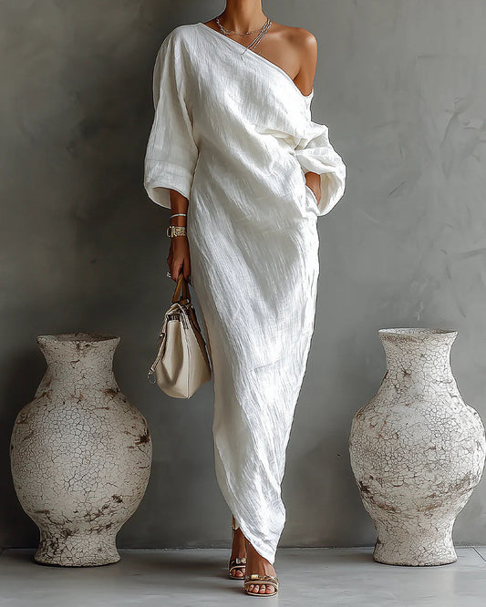 Elisa | Vestido largo de un hombro, blanco · foto 1