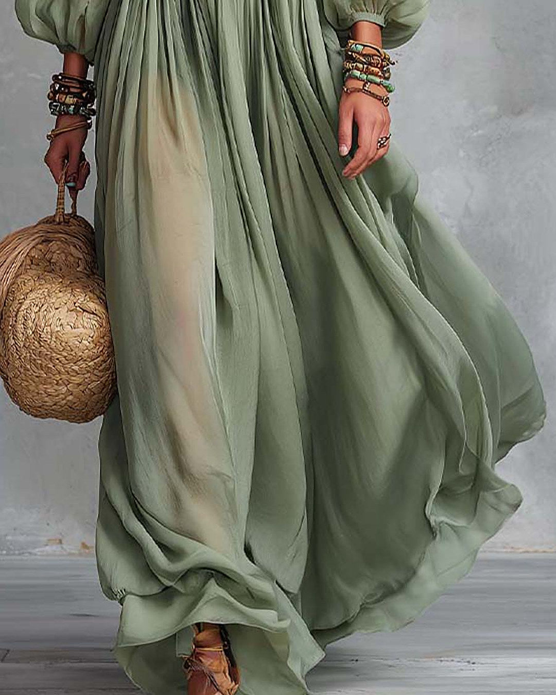 Elodia | Vestido largo con bordados florales, verde salvia · foto 4