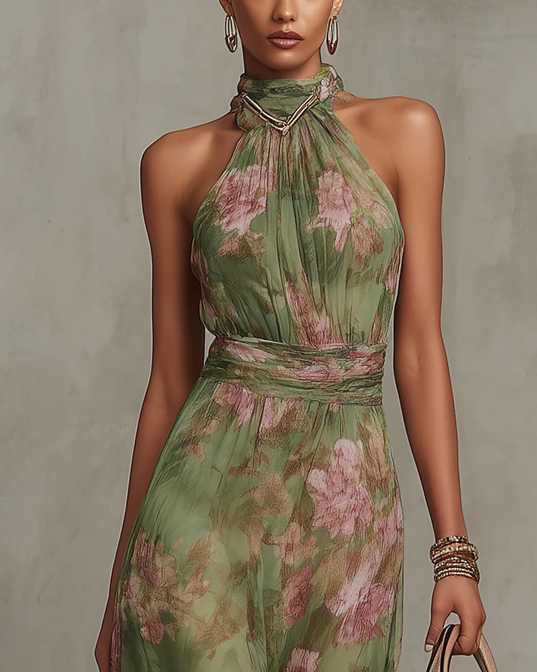 Fiorina | Vestido largo floral con cuello halter, verde · foto 3