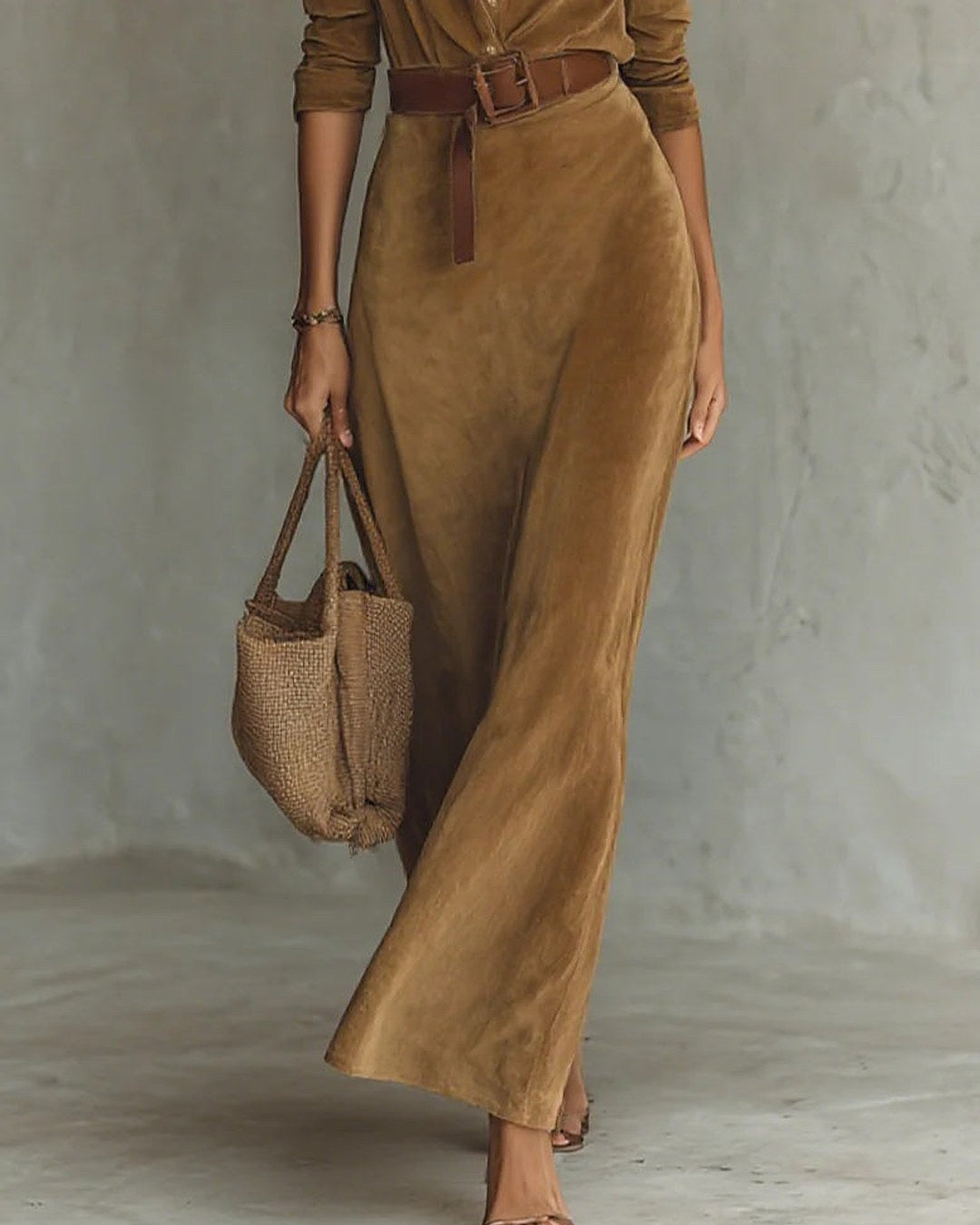 Giada | Vestido largo de efecto ante con cuello de camisa y cinturón · foto 3