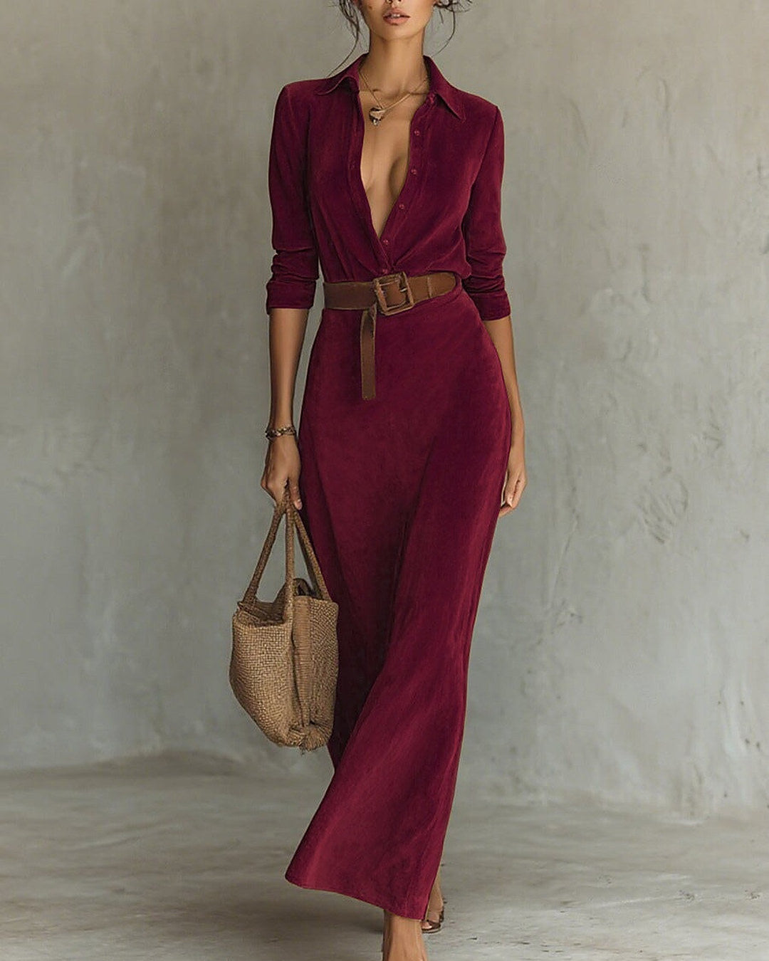 Giada | Vestido largo de efecto ante con cuello de camisa y cinturón · foto 7
