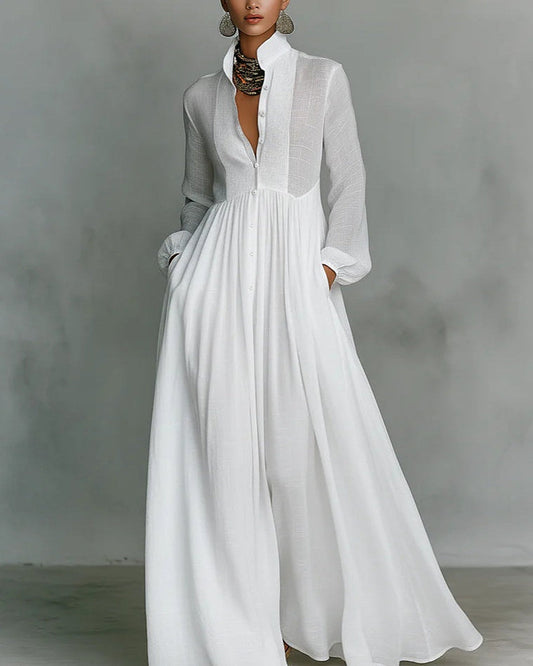 Leonora | Vestido largo de cuello mao y botones, blanco · foto 1