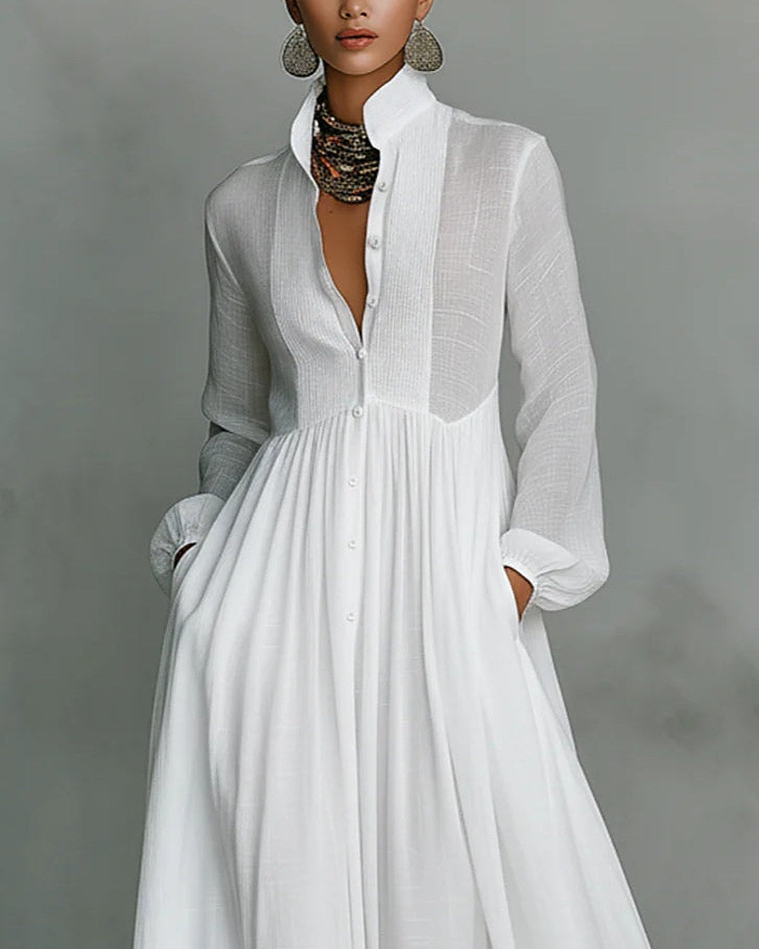 Leonora | Vestido largo de cuello mao y botones, blanco · foto 2