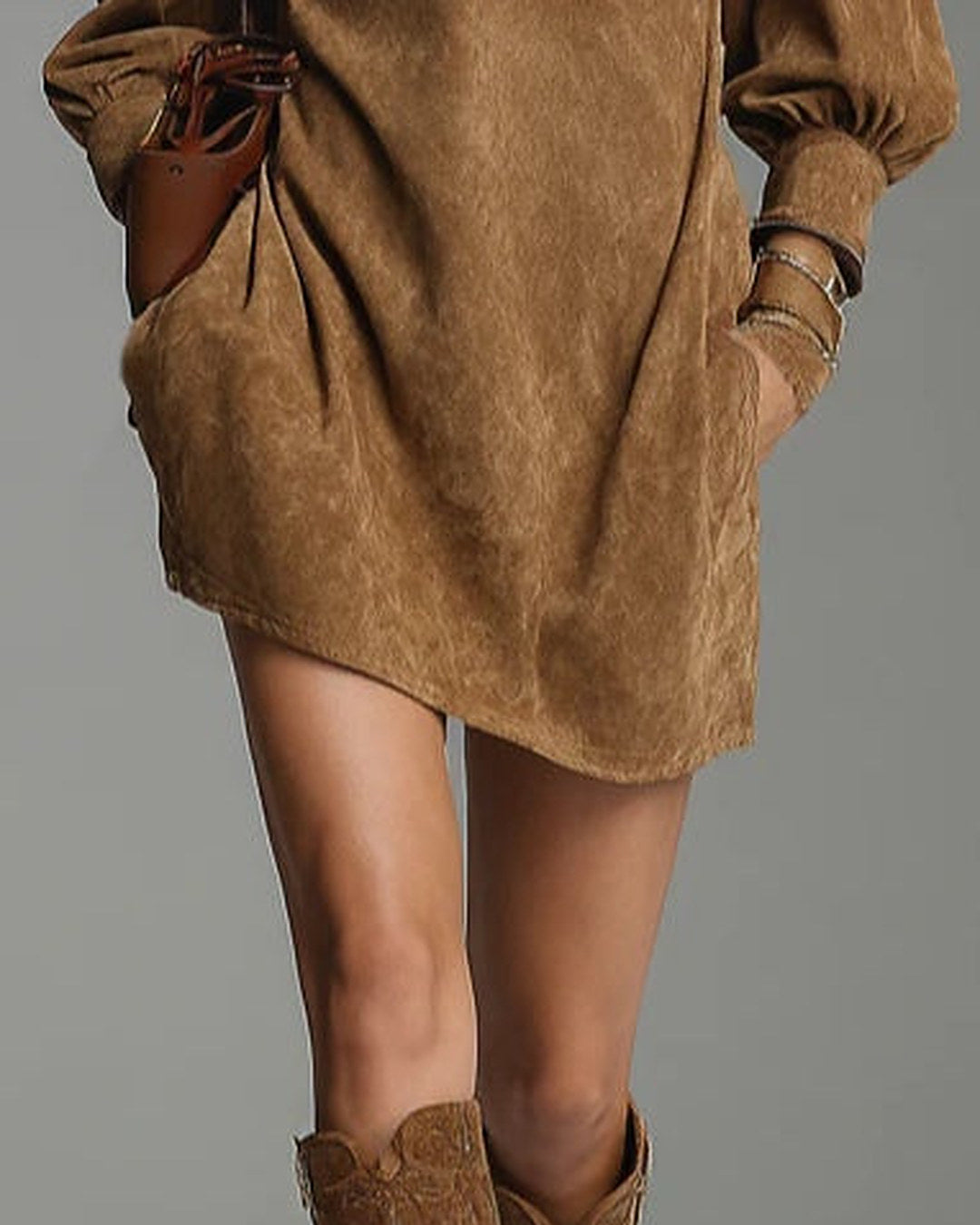 Lucrezia | Vestido corto de efecto ante con cremallera, marrón · foto 3