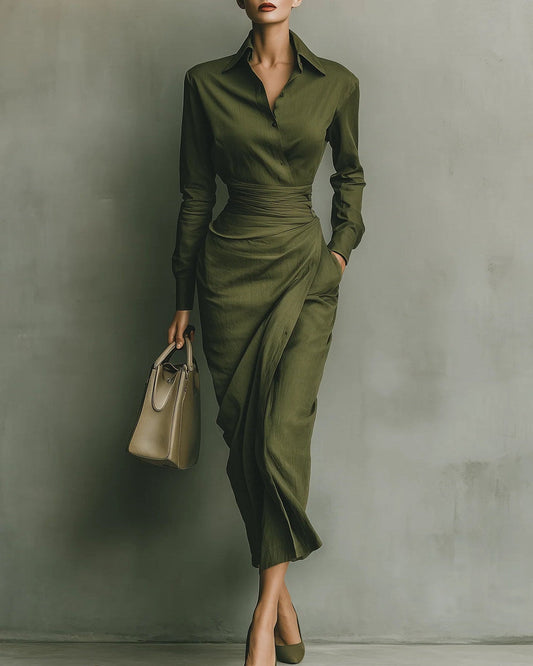 Natalia | Vestido camisero con falda cruzada, verde oliva · foto 1