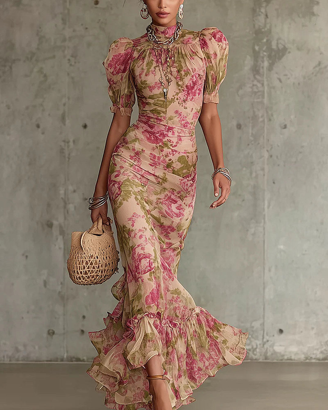 Rosalina | Vestido largo con estampado de rosas vintage, rosa · foto 1