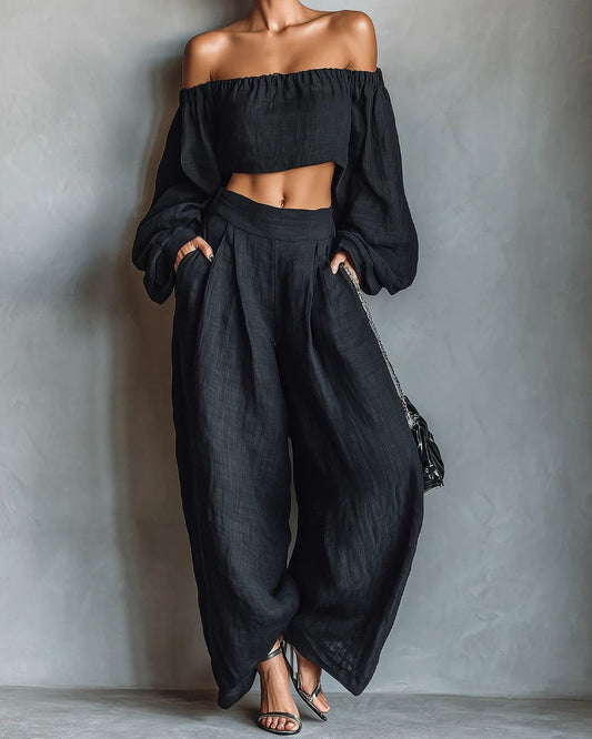 Tessa | Conjunto de hombros descubiertos y pantalón ancho, negro · foto 1