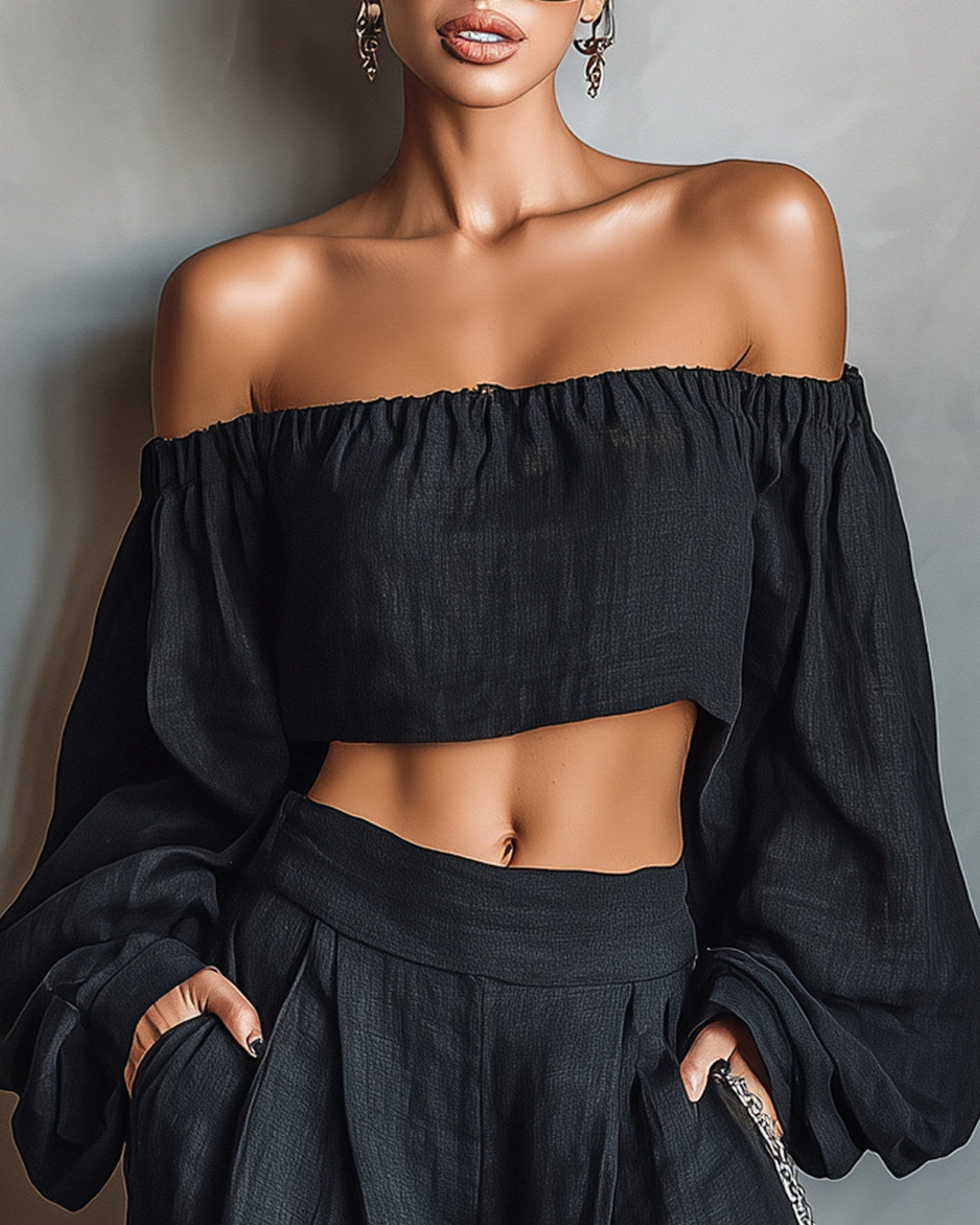 Tessa | Conjunto de hombros descubiertos y pantalón ancho, negro · foto 2