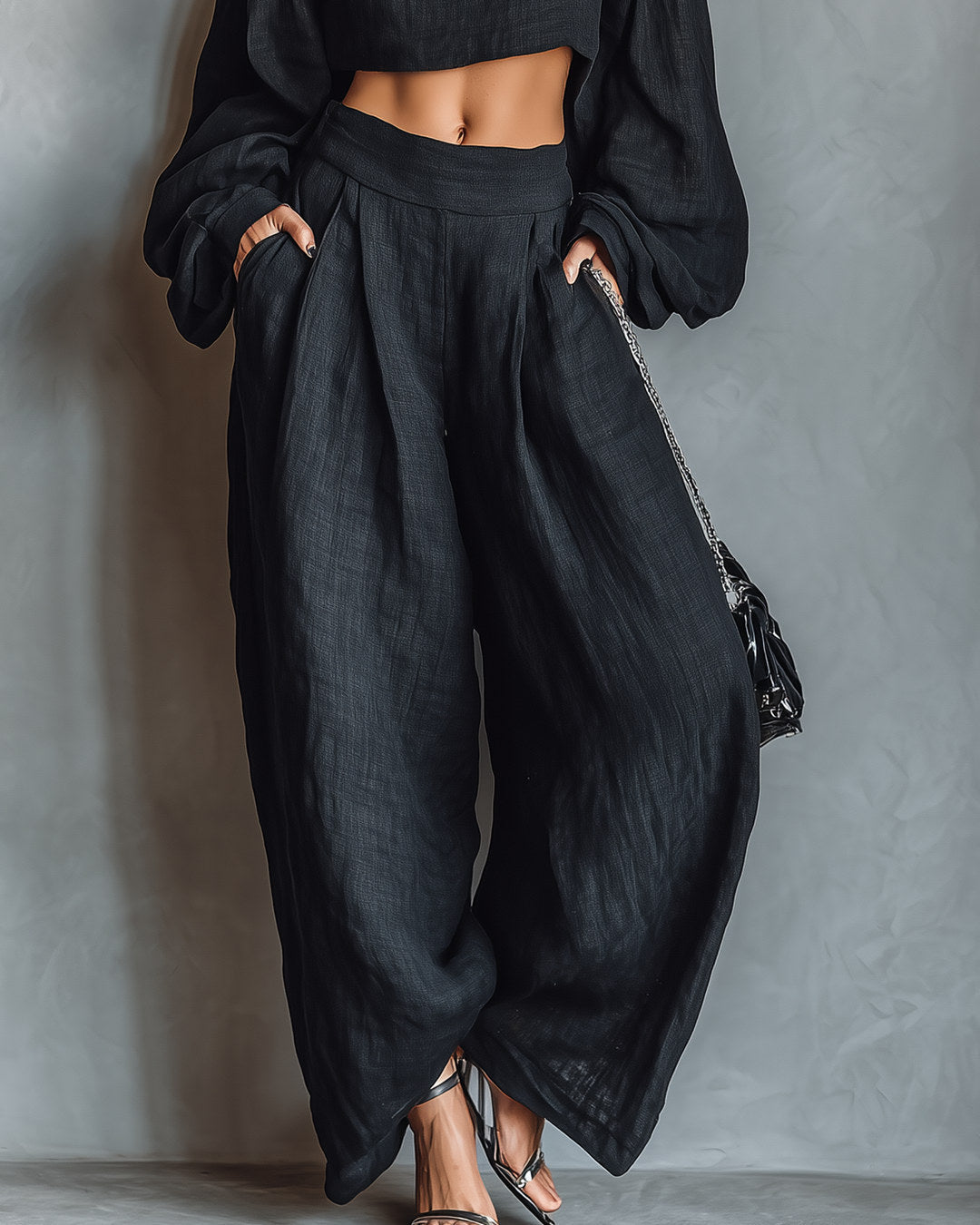 Tessa | Conjunto de hombros descubiertos y pantalón ancho, negro · foto 3