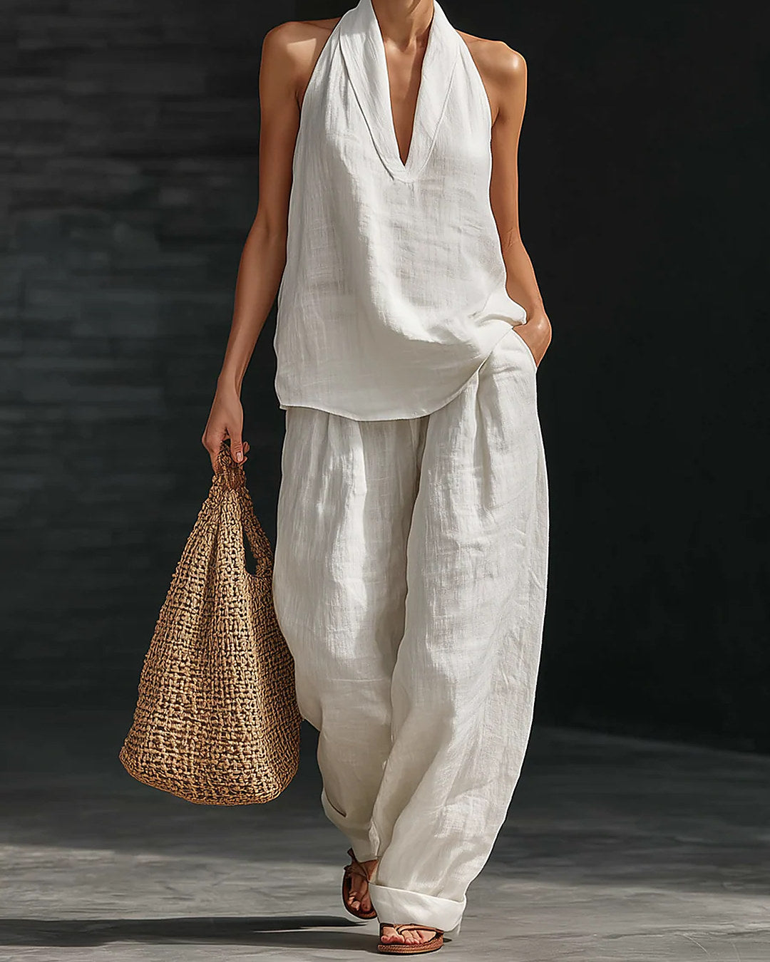 Zoe | Conjunto de top halter y pantalón ancho, blanco · foto 1