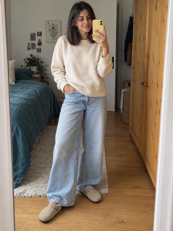 Imagen de ejemplo creada con IA: zuecos beige con pantalón ancho