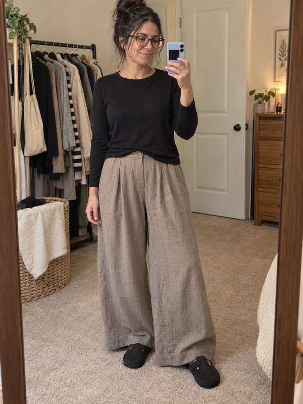 Imagen de ejemplo creada con IA: zuecos negro con pantalón ancho