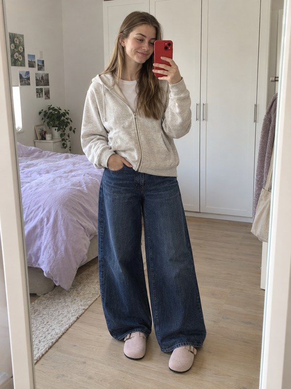 Imagen de ejemplo creada con IA: zuecos rosa con pantalón ancho
