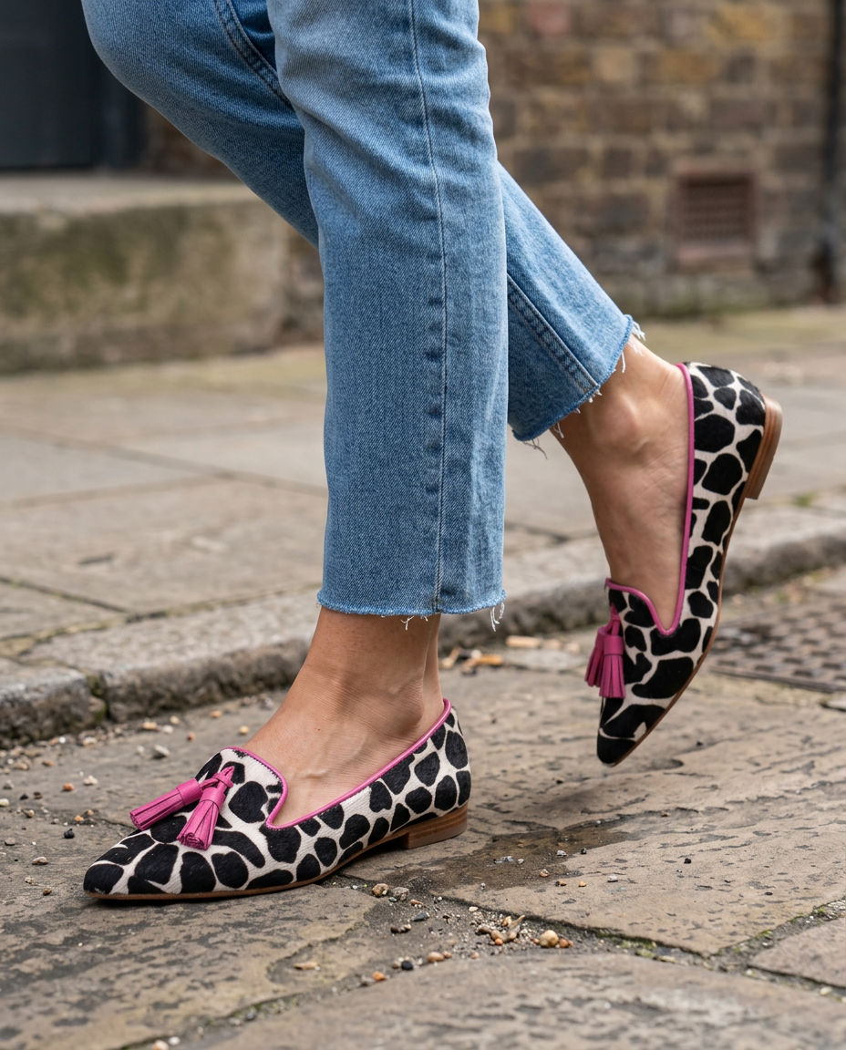 Mocasín Ginevra — Vaca en blanco y negro con borlas rosas