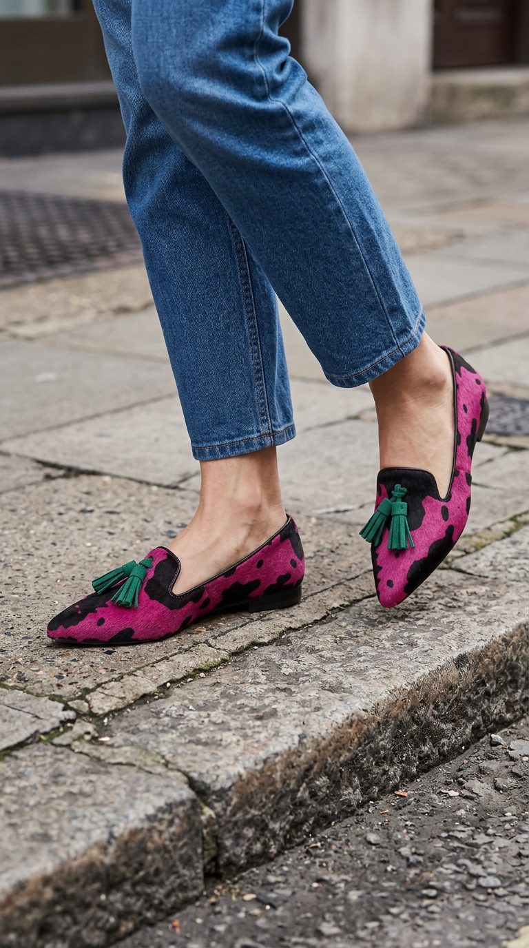 Mocasín Ginevra — Vaca fucsia con borlas verdes